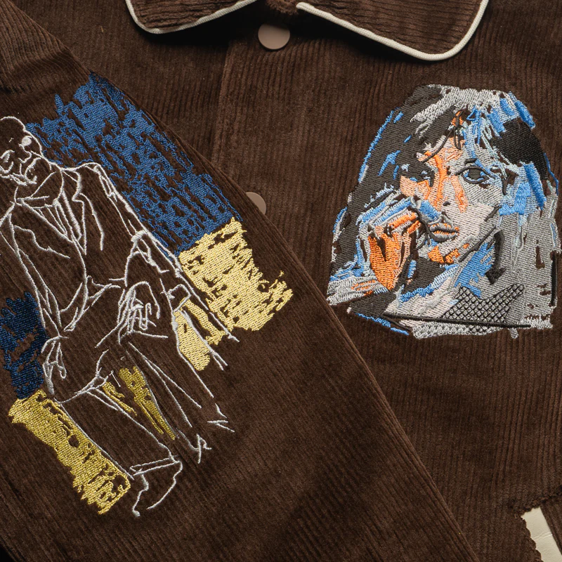 KidSuper Washed Corduroy Embroidered Faces Jacket - Brown - Image 3