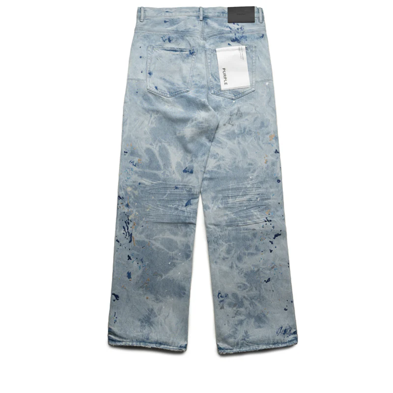 Purple Brand Mid Rise Baggy Leg Bleach Paint Embroidery Jean - Light Indigo - Image 2